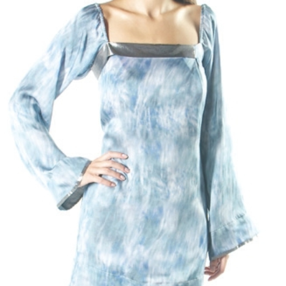 Watercolor silk dress with silver silk lame trim